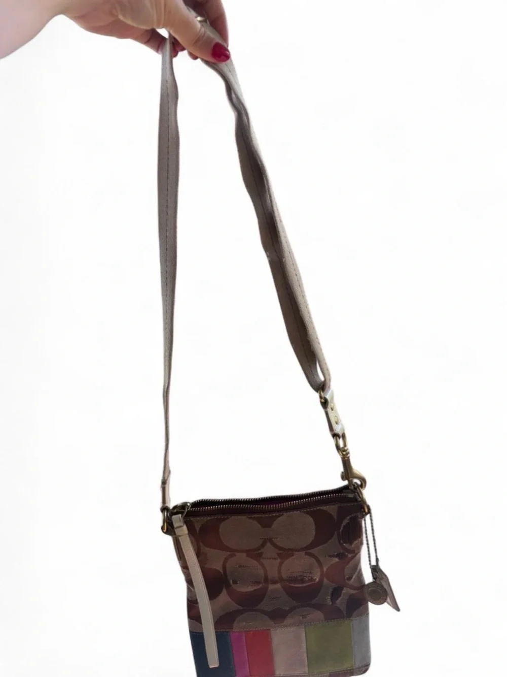 Coach Brown Signature Crossbody with Color-Block Stripe Accent